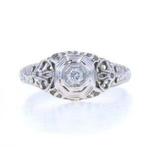 White Gold Diamond Art Deco Solitaire Engagement Ring -18k Euro Vintage Filigree